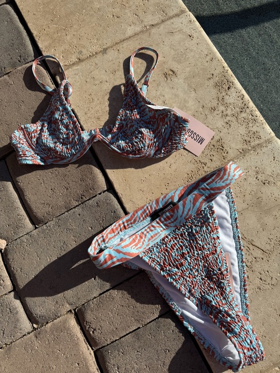 Missguided Other - Two-Piece Bikini in Brown and Light Blue High Waisted Bottoms Top-2 Bottom-4